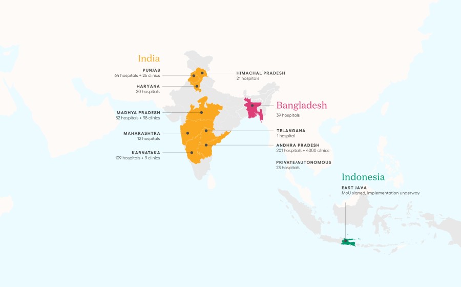 A map showing Health Lit Now's reach across India, Bangladesh, and Indonesia till Q2 2023